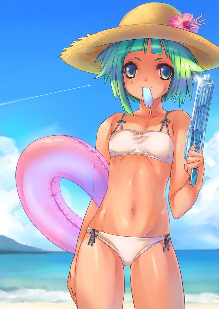 monk (syugyousou), original, 1girl, beach, bikini, blue eyes, cloud, contrail, cowboy shot, day, female focus, flower, food, green hair, hat, hibiscus, innertube, mouth hold, multi-strapped bikini bottom, multi-strapped bikini top, outdoors, popsicle, short hair, sky, solo, straw hat, sun hat, swim ring, swimsuit, water gun, white bikini