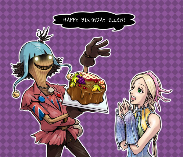 asato (artist), ellen (folkssoul), scarecrow (folkssoul), folkssoul, 1boy, 1girl, blonde hair, cake, english text, food, fruit, gloves, glowing, glowing eyes, grapes, green eyes, grin, long hair, mushroom, open mouth, pastry, purple background, scarecrow, smile, union jack