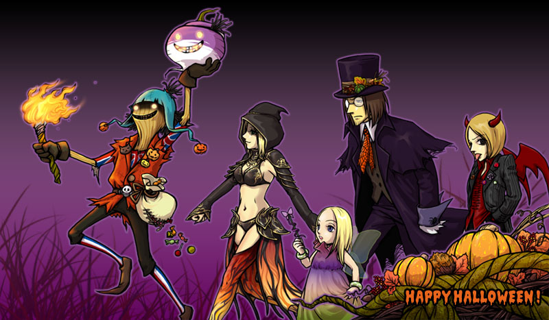 asato (artist), cecilia (folkssoul), ellen (folkssoul), keats, scarecrow (folkssoul), suzette, folkssoul, 1boy, 3girls, :p, arms up, bag, bat wings, bikini, black hair, blazer, blonde hair, blunt bangs, brown hair, candy, demon horns, demon wings, dress, fire, food, from side, glasses, glowing, glowing eyes, halloween, halloween costume, hat, height difference, holding, hood, horns, jacket, lapel pin, long hair, midriff, multiple girls, patterned legwear, profile, pumpkin, scarecrow, short hair, spider web print, swimsuit, thighhighs, tongue, tongue out, torch, walking, wand, wings