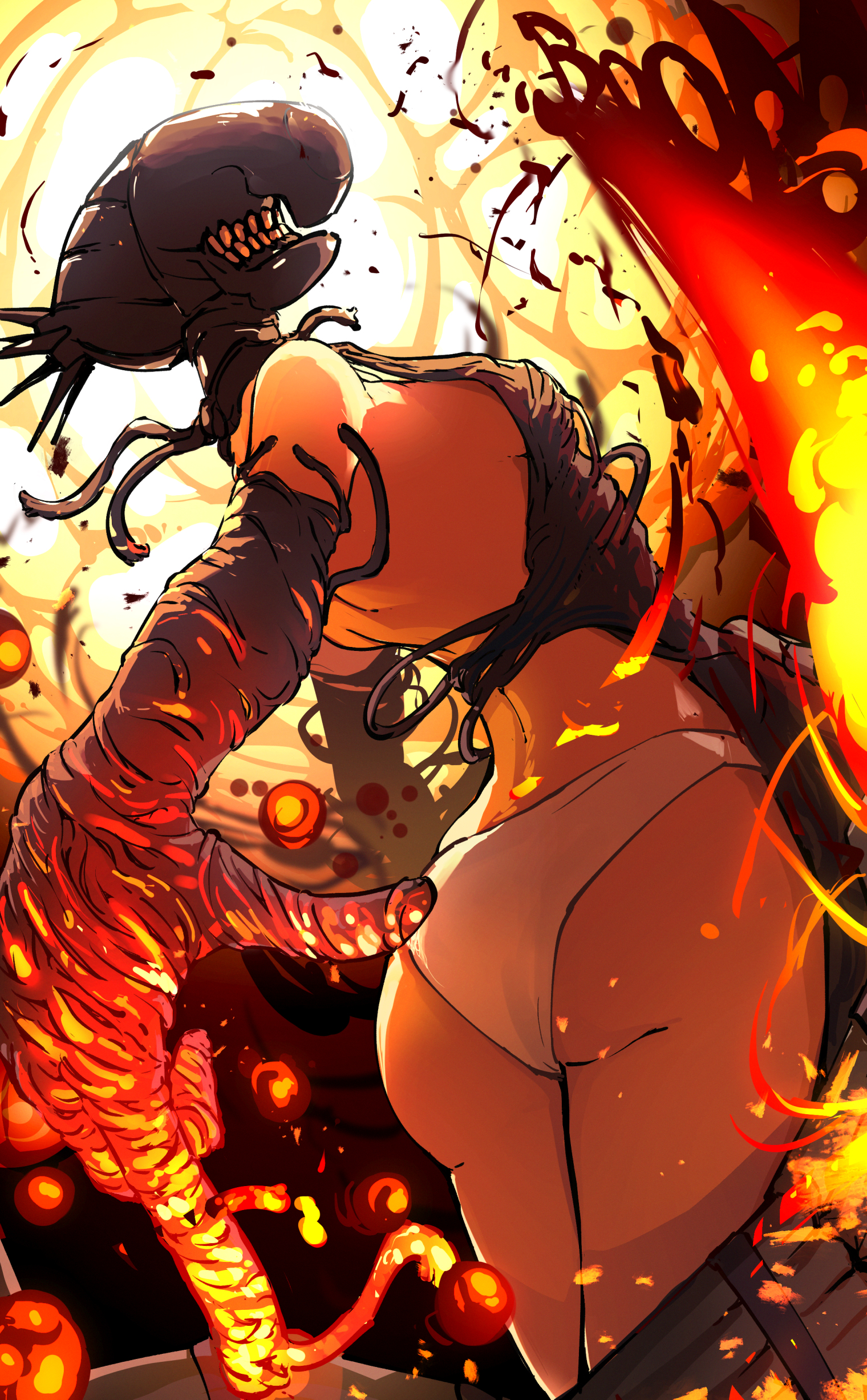 ninjin ika, bomb devil (chainsaw man), chainsaw man, absurdres, highres, 1girl, apron, ass, black apron, black gloves, breasts, dynamite, elbow gloves, explosion, explosion background, explosive, gloves, gradient gloves, object head, panties, red gloves, small breasts, solo, underwear, white panties