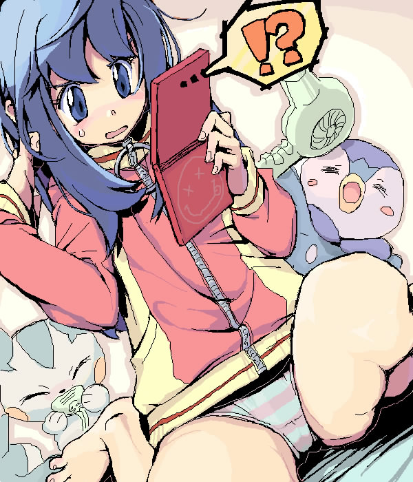 mimolette (mimo), dawn (pokemon), pachirisu, piplup, nintendo, pokemon, !, !?, 1girl, = =, ?, adjusting hair, barefoot, blue eyes, blue hair, blush stickers, closed eyes, dutch angle, gen 4 pokemon, hair dryer, holding, jacket, mirror, no pants, oekaki, panties, pokemon (creature), sitting, striped clothes, striped panties, sweatdrop, track jacket, underwear, wariza
