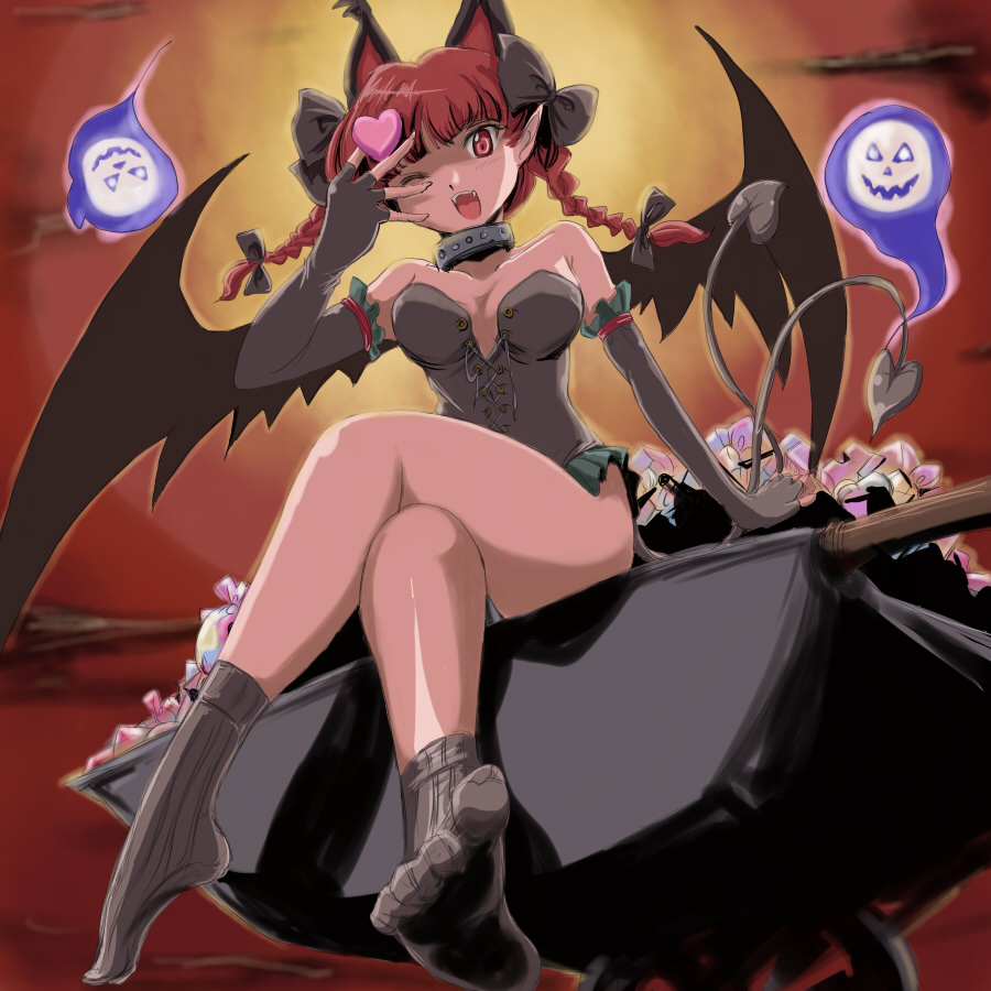 flx, kaenbyou rin, touhou, 1girl, animal ears, bare shoulders, bat wings, bow, braid, bustier, candy, cat ears, cat girl, cat tail, collar, costume, crossed legs, demon girl, elbow gloves, feet, female focus, food, from below, gloves, hair ribbon, halloween, heart, lingerie, multiple tails, one eye closed, panties, red eyes, red hair, ribbon, sitting, socks, solo, tail, twin braids, twintails, underwear, vampire, wheelbarrow, wings, wink