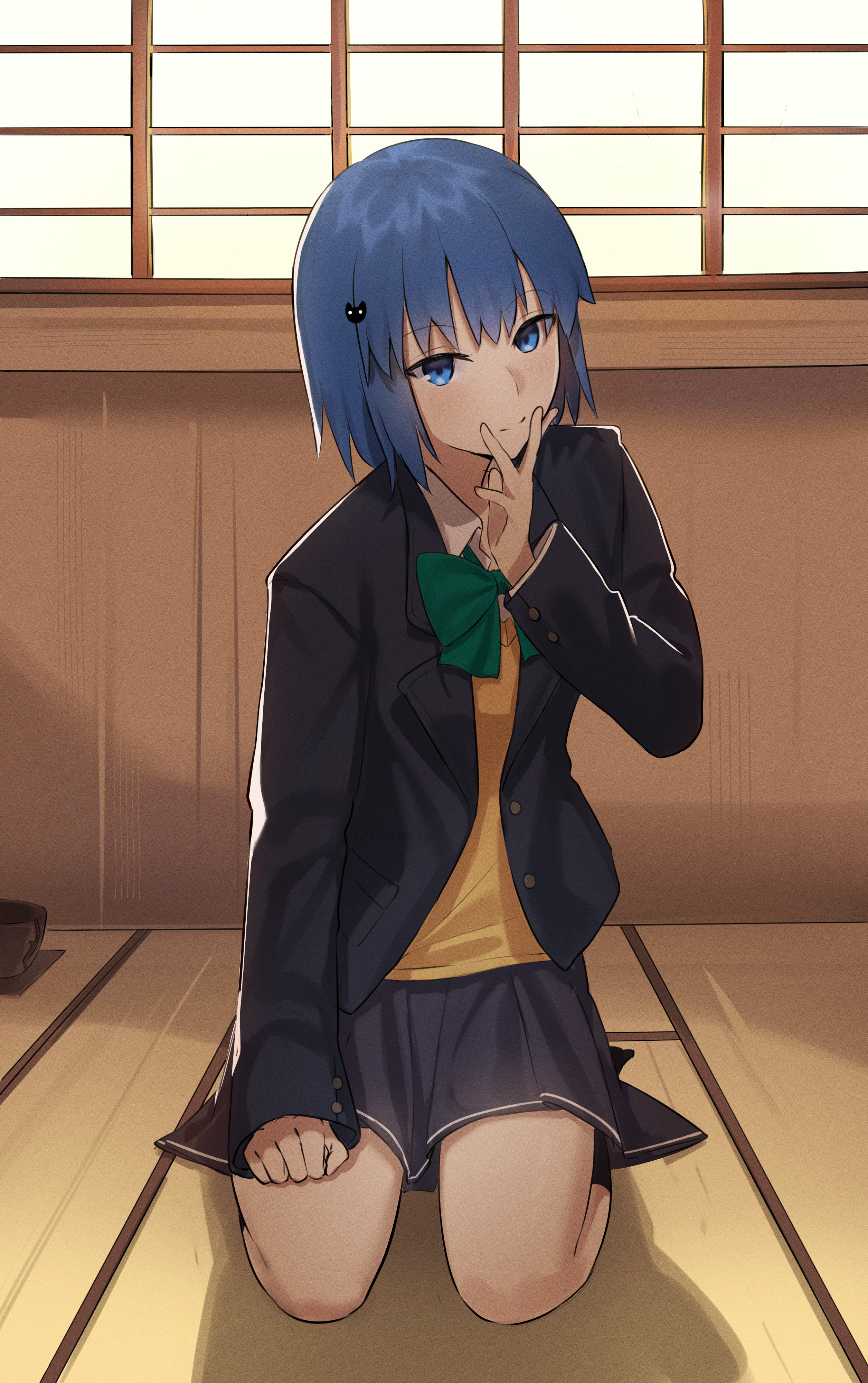 coti neko, ciel (tsukihime), tsukihime, tsukihime (remake), absurdres, highres, blazer, blue eyes, blue hair, bow, classroom, green bow, hand on own face, jacket, school uniform, seiza, sitting, smile, vest, yellow vest