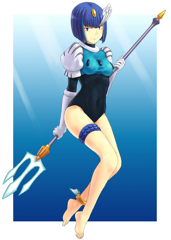 jas (littlecrime), splash woman, capcom, mega man (classic), mega man (series), mega man 9, 1girl, barefoot, blue hair, feet, female focus, full body, gloves, personification, polearm, short hair, solo, spear, toes, trident, weapon