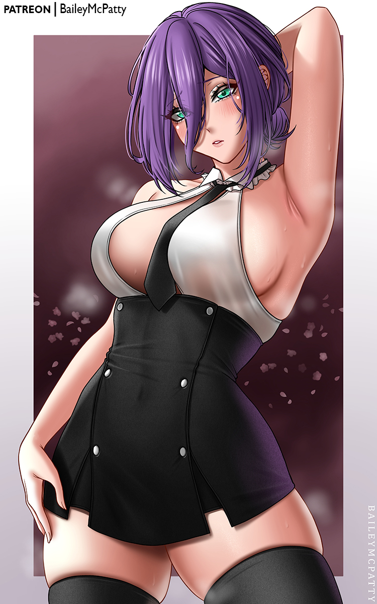 baileymcpatty, reze (chainsaw man), chainsaw man, highres, 1girl, arm up, armpits, artist name, between breasts, black necktie, black skirt, black thighhighs, breasts, green eyes, hair between eyes, high-waist skirt, large breasts, miniskirt, necktie, necktie between breasts, purple hair, shirt, skirt, sleeveless, sleeveless shirt, solo, sweat, thighhighs, white shirt