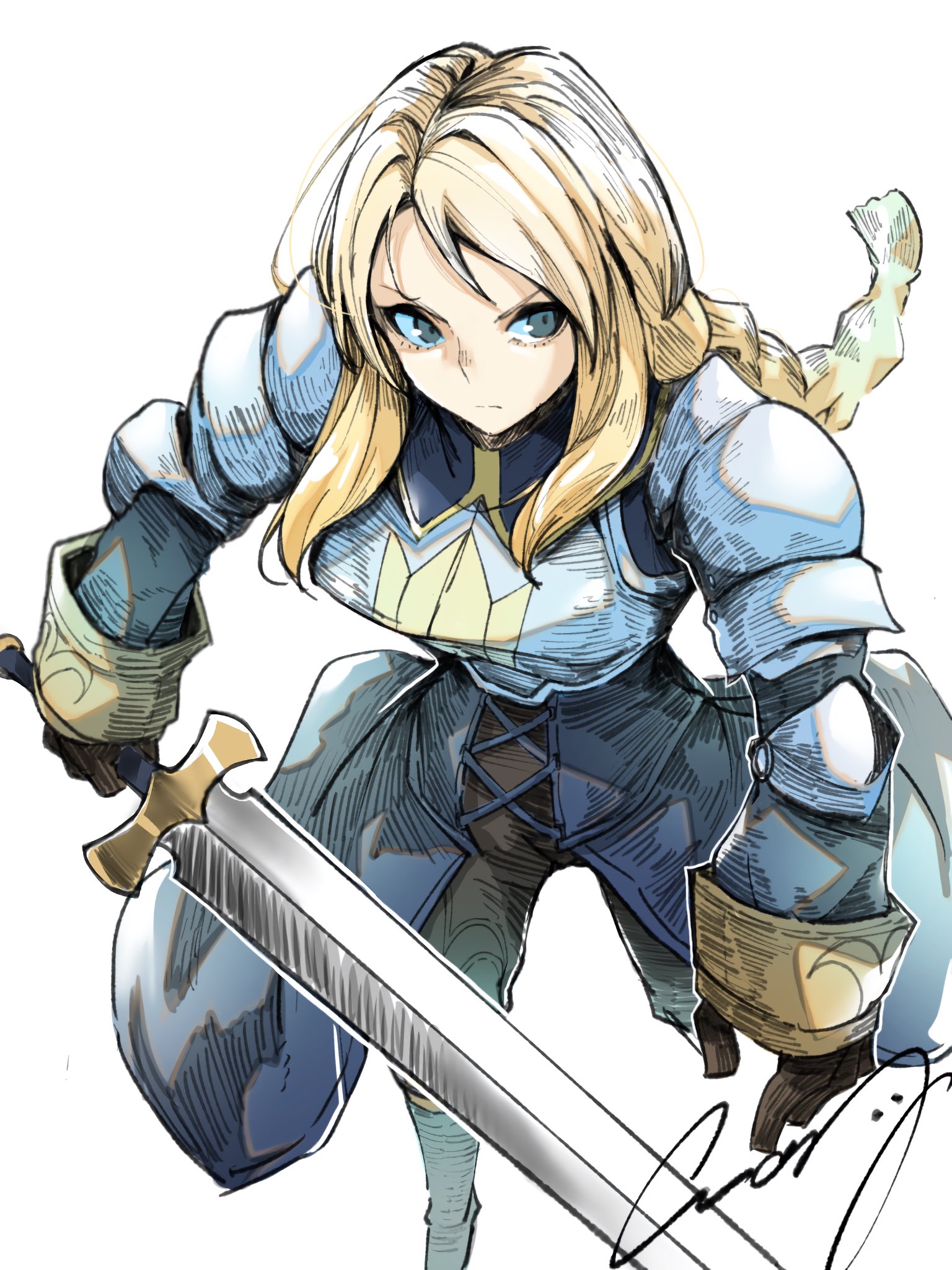 crazy02oekaki, agrias oaks, final fantasy, final fantasy tactics, highres, 1girl, armor, black gloves, blonde hair, braid, breastplate, breasts, closed mouth, from above, furrowed brow, gloves, grey eyes, holding, holding sword, holding weapon, long hair, medium breasts, pauldrons, shoulder armor, sidelocks, signature, single braid, solo, sword, weapon, white background