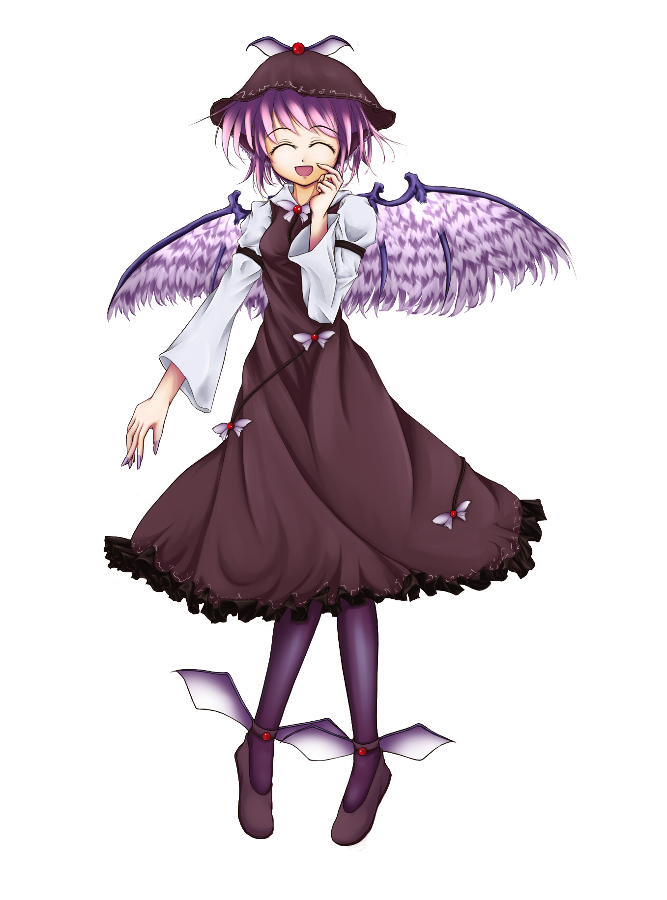 gr (artist), mystia lorelei, touhou, winged footwear, highres, 1girl, animal ears, closed eyes, female focus, full body, hat, pink hair, shoes, short hair, simple background, smile, solo, wings