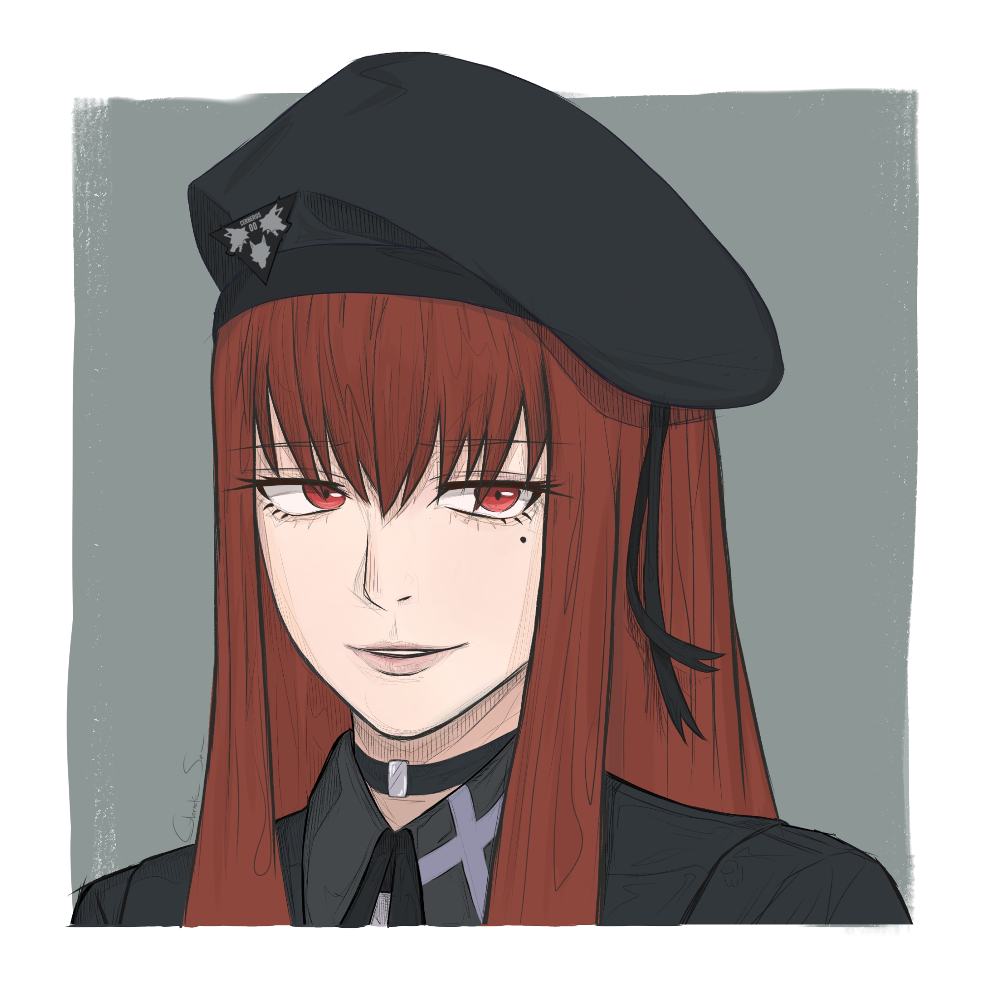 cybernetic sam, vera (pgr), punishing: gray raven, commentary, english commentary, highres, 1girl, beret, black choker, black hat, border, choker, grey background, hat, long hair, looking at viewer, mole, mole under eye, official alternate costume, parted lips, portrait, red eyes, red hair, signature, simple background, smile, solo, white border