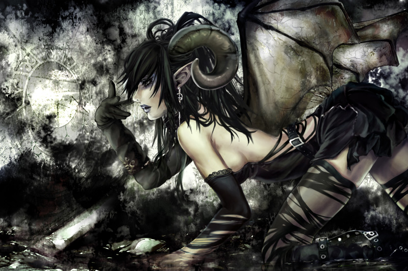 sadakage, original, 1girl, all fours, belt, black hair, breasts, demon, demon girl, earrings, elbow gloves, eyeshadow, female focus, gloves, horns, jewelry, makeup, pointy ears, sideboob, solo, thighhighs, wings