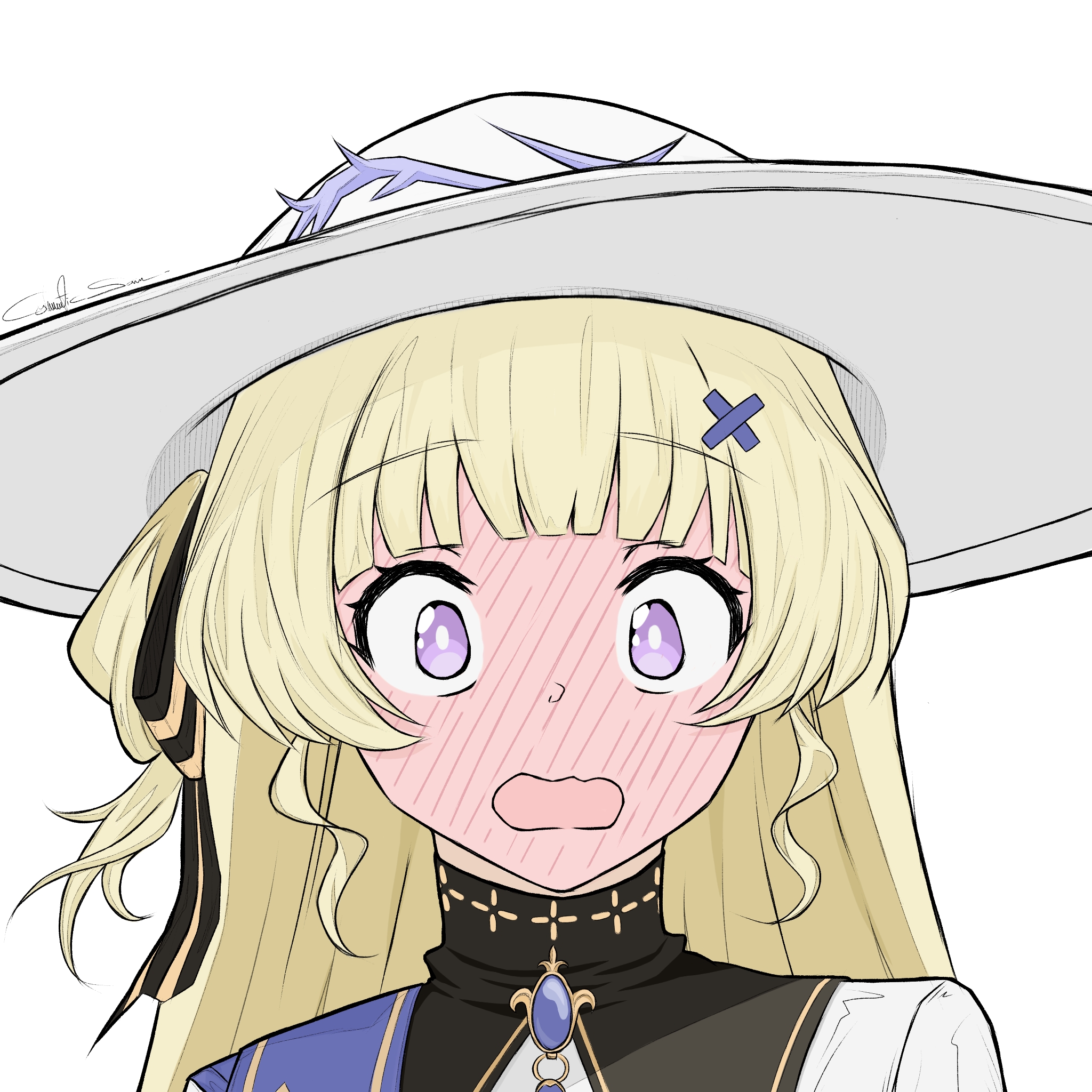 cybernetic sam, phoebe (wuthering waves), wuthering waves, commentary, english commentary, highres, 1girl, black ribbon, blonde hair, blush, bright pupils, collar, full-face blush, hair ornament, hair ribbon, hat, large hat, long hair, portrait, purple eyes, ribbon, simple background, solo, striped ribbon, upper body, white background, white hat, white pupils, x hair ornament