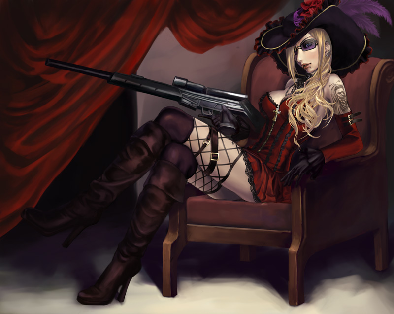 sadakage, original, 1girl, armchair, battle rifle, blonde hair, blue eyes, boots, chair, corset, cross, crossed legs, curtains, detached sleeves, earrings, female focus, gloves, gun, h&k g3, h&k psg1, hat, high heel boots, high heels, jewelry, knee boots, long hair, red upholstery, rifle, sitting, sniper rifle, solo, sunglasses, tattoo, thighhighs, weapon