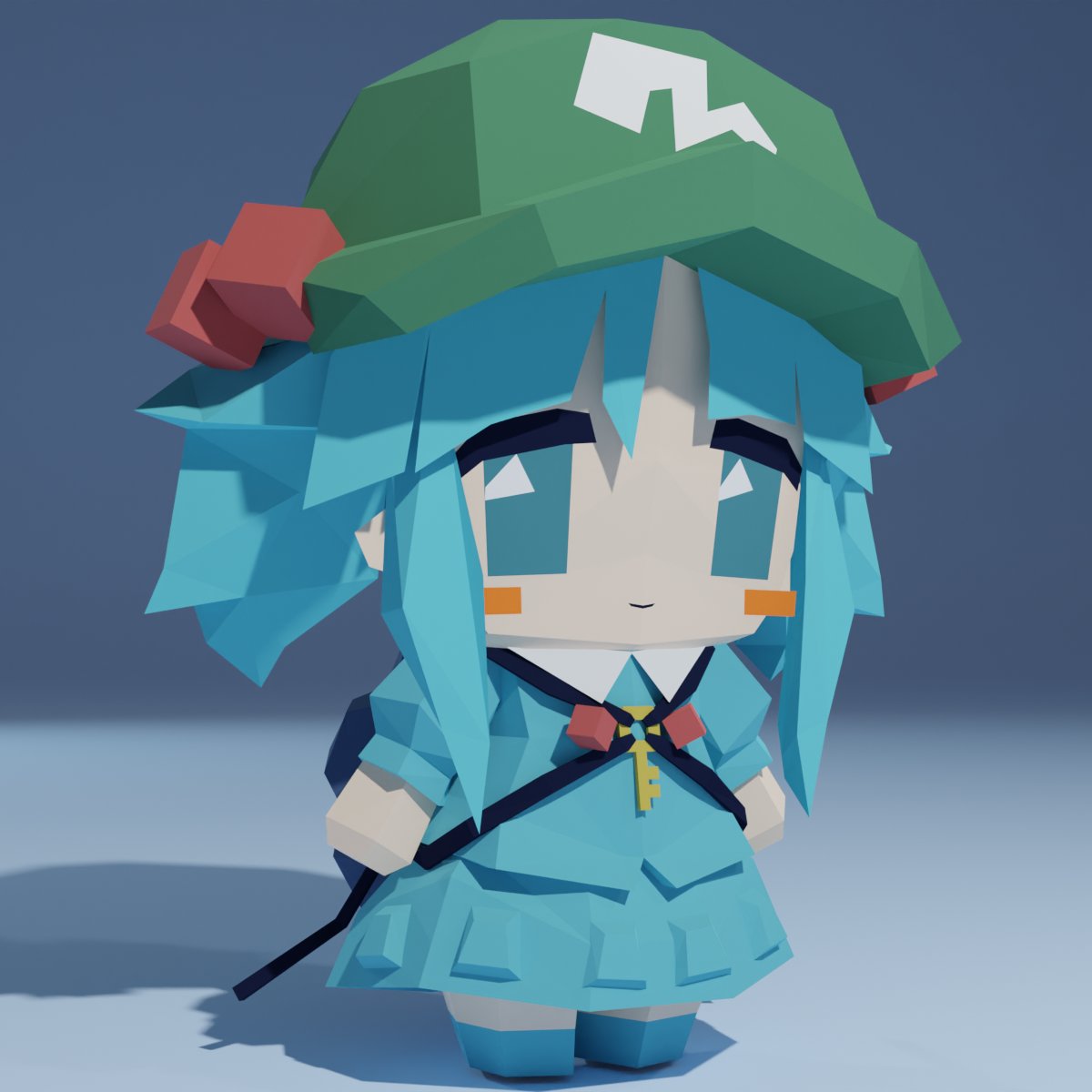 mugi (mugimugi 9kv), kawashiro nitori, touhou, highres, 1girl, 3d, blue eyes, blue hair, chibi, chibi only, green hat, grey background, hat, short twintails, solo, twintails
