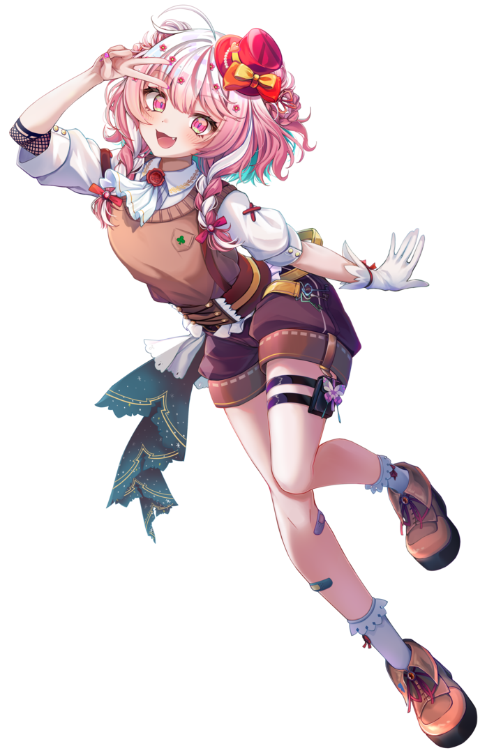 official art, 1girl, :3, aosa shio, aqua hair, ascot, bandaid, bandaid on leg, braid, brown shoes, brown shorts, brown sweater vest, bug, butterfly, collared shirt, emil fluorite, fang, full body, gloves, hat, insect, mini hat, multicolored hair, open mouth, pink eyes, pink hair, pink nails, red hat, shirt, shoes, shorts, simple background, single glove, socks, solo, streaked hair, sweater vest, tongue, transparent background, twin braids, v, vcarat, virtual youtuber, white ascot, white gloves, white hair, white shirt, white socks