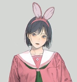 sofytofy, shimizu hinako, silent hill (series), silent hill f, lowres, 1girl, animal ear hairband, animal ears, black hair, blunt ends, fake animal ears, green neckerchief, grey background, grey eyes, hairband, neckerchief, pink hairband, pink serafuku, pink shirt, rabbit ears, sailor collar, school uniform, serafuku, shirt, short hair, solo, upper body, white sailor collar