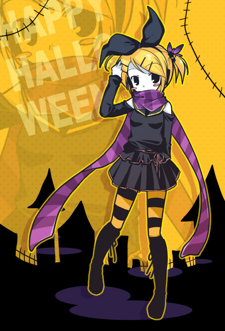 tamura hiro, kagamine rin, vocaloid, 1girl, female focus, halloween, happy halloween, pantyhose, scarf, solo, striped clothes, striped pantyhose, striped scarf, thighhighs