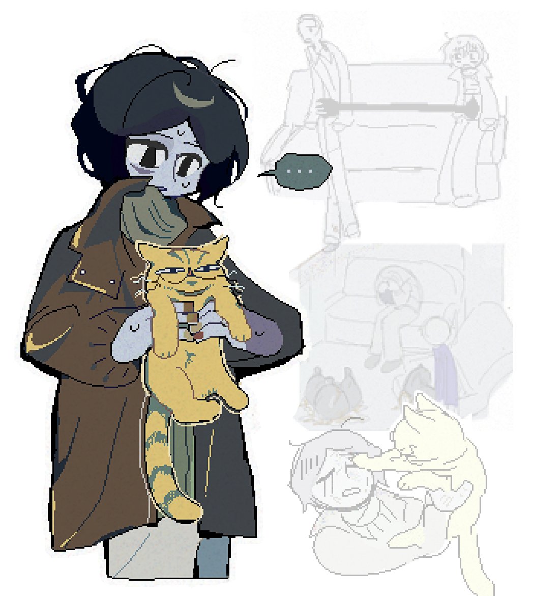 mashiro (4otofu4), commentary, hashtag-only commentary, …, 2boys, animal, black hair, blank eyes, brown jacket, cat, claw mark, coat, coat guy (no i'm not a human), colored skin, couch, cropped legs, crying, extra arms, film grain, green shirt, grey scarf, grey skin, holding, holding animal, holding cat, hole in stomach, hunched over, jacket, jaggy lines, long sleeves, looking at animal, male focus, messy hair, missing fingernails, multiple boys, multiple views, no i'm not a human, open clothes, open jacket, outline, pants, parted bangs, parted lips, peanut mouth, ribbed shirt, scarf, shirt, short hair, simple background, sitting, solo focus, speech bubble, spoken ellipsis, streaming tears, striped tail, sweat, tail, tall guy (no i'm not a human), tears, trash bag, white background, white pants, yellow cat, yellow outline