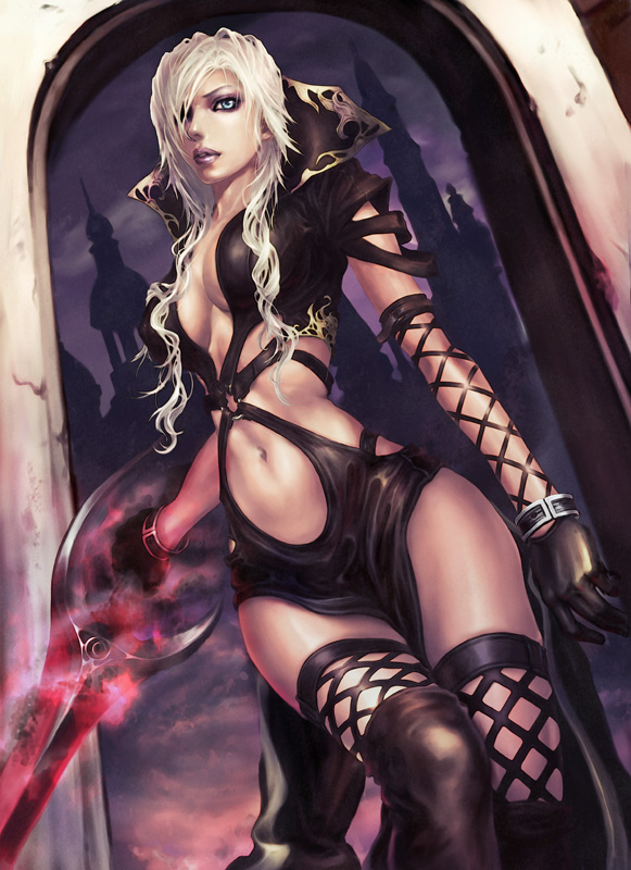 sadakage, original, 1girl, blonde hair, blue eyes, breasts, curvy, female focus, gloves, hair over one eye, long hair, midriff, skin tight, solo, sword, thighhighs, weapon