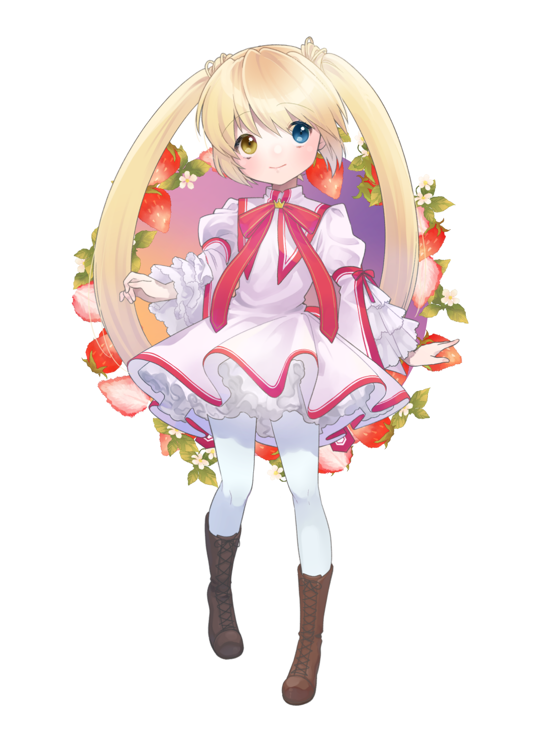 may salamanya, nakatsu shizuru, rewrite, commentary, highres, 1girl, a-pose, blonde hair, blue eyes, blush, boots, brown boots, closed mouth, colored eyelashes, crown, dress, flower, food, frilled sleeves, frills, fruit, full body, hair between eyes, heterochromia, juliet sleeves, kazamatsuri institute high school uniform, lace-up boots, leaf, long hair, long sleeves, looking at viewer, mini crown, neck ribbon, no eyepatch, panties, pantyhose, petticoat, puffy sleeves, red ribbon, ribbon, school uniform, short dress, sidelocks, simple background, smile, solo, standing, straight hair, strawberry, strawberry slice, tareme, transparent background, twintails, underwear, very long hair, white dress, white flower, white panties, white pantyhose, wide sleeves, yellow eyes