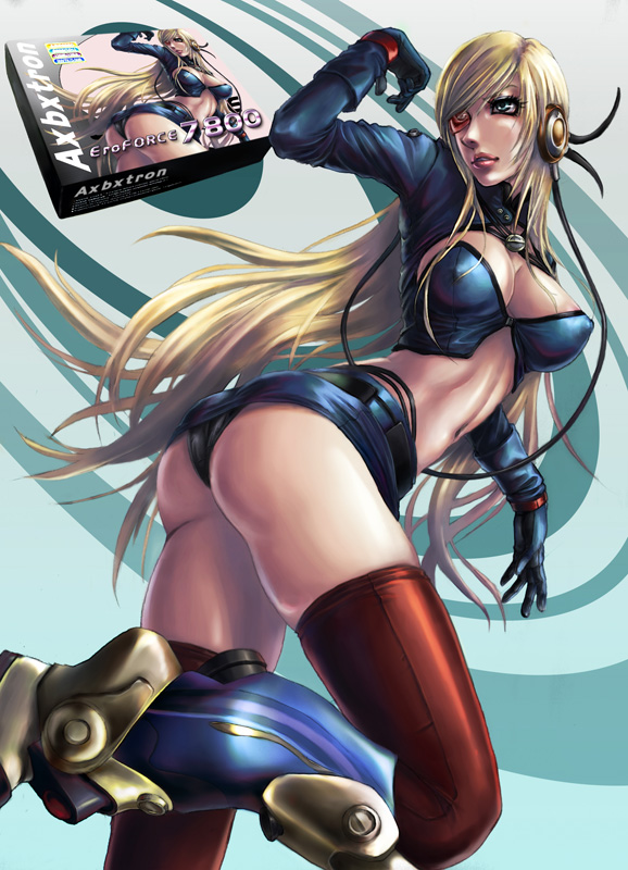 sadakage, original, 1girl, areola slip, ass, blonde hair, blue eyes, breasts, cleavage, covered erect nipples, curvy, eyepatch, female focus, large breasts, long hair, midriff, miniskirt, panties, pantyshot, pencil skirt, skirt, solo, thighhighs, underwear, upskirt