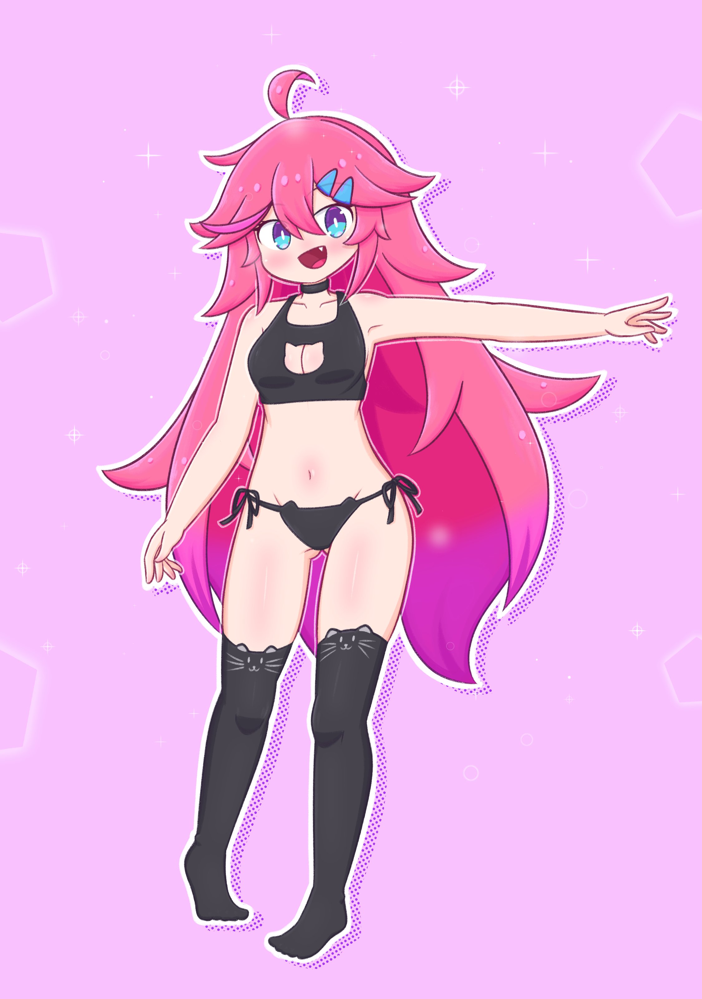 original, absurdres, commentary, english commentary, highres, 1girl, :d, ahoge, aqua eyes, black panties, black sports bra, black thighhighs, blush, bright pupils, cleavage cutout, clothing cutout, colored tips, eyelashes, fang, full body, hair ornament, hairclip, long hair, multicolored hair, navel, ojazaki, open mouth, outline, outstretched arm, panties, pink hair, purple background, side-tie panties, smile, solo, sports bra, stomach, thighhighs, tsumiki (ojazaki), underwear, very long hair, white outline, white pupils