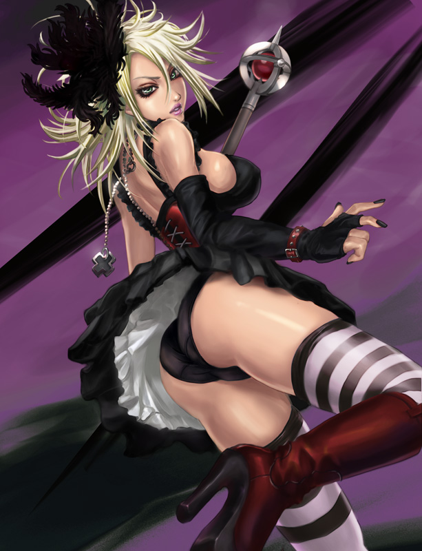 sadakage, setia, dragon quest, dragon quest swords, platform footwear, 1girl, ass, black nails, black panties, blonde hair, boots, breasts, clothes lift, corset, elbow gloves, eyeshadow, feather hair ornament, feathers, female focus, fingerless gloves, gloves, green eyes, hair ornament, hat, high heel boots, high heels, knee boots, makeup, nail polish, panties, shoes, sideboob, skirt, skirt lift, solo, striped clothes, striped thighhighs, thighhighs, underwear, upskirt
