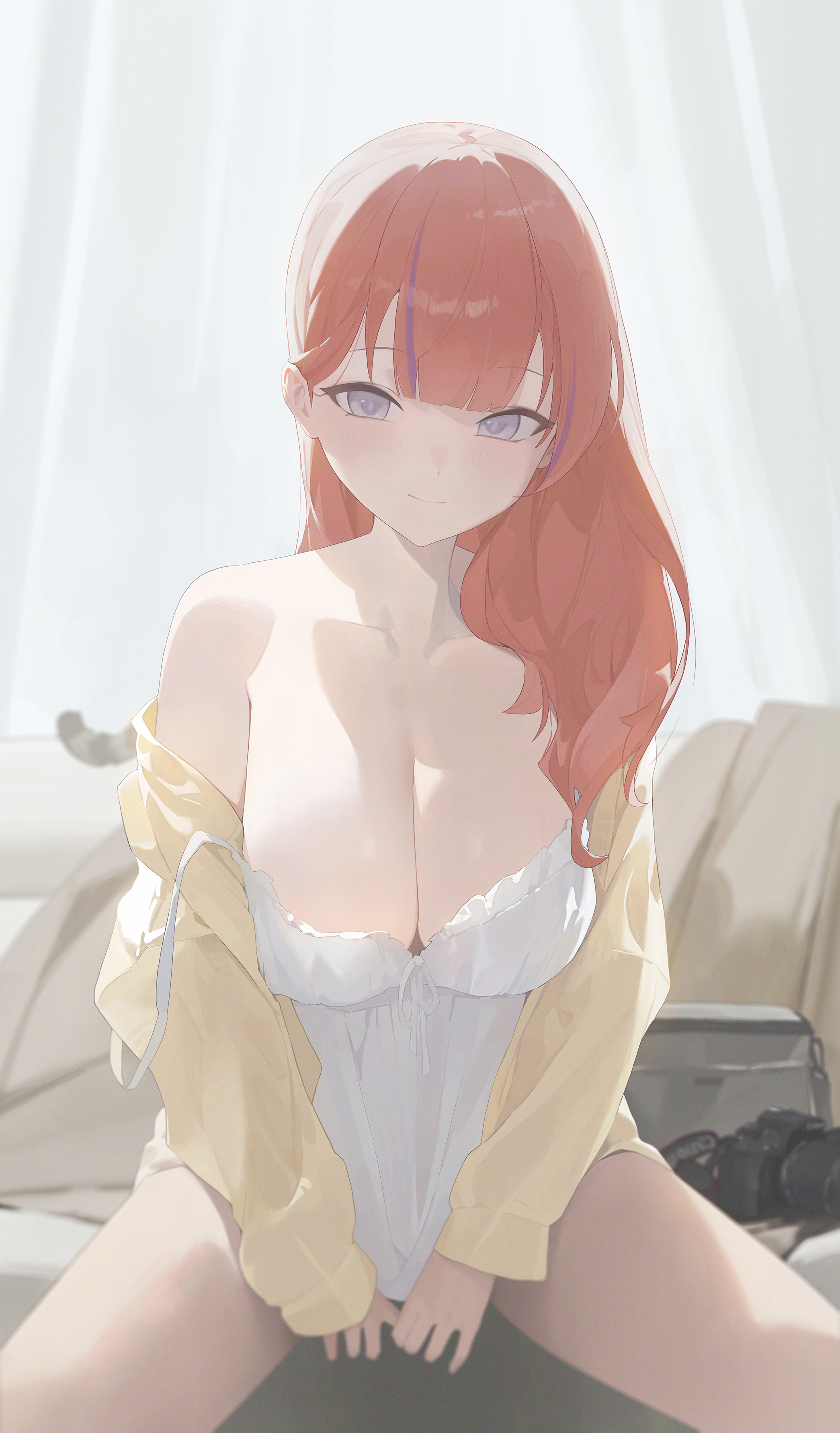 peihan21, tabasuko (mirolive), mirolive, absurdres, highres, 1girl, breasts, brown jacket, camisole, cleavage, closed mouth, curtains, eyebrows hidden by hair, jacket, large breasts, looking at viewer, medium hair, orange hair, purple eyes, sitting, smile, solo, strap slip, virtual youtuber, white camisole