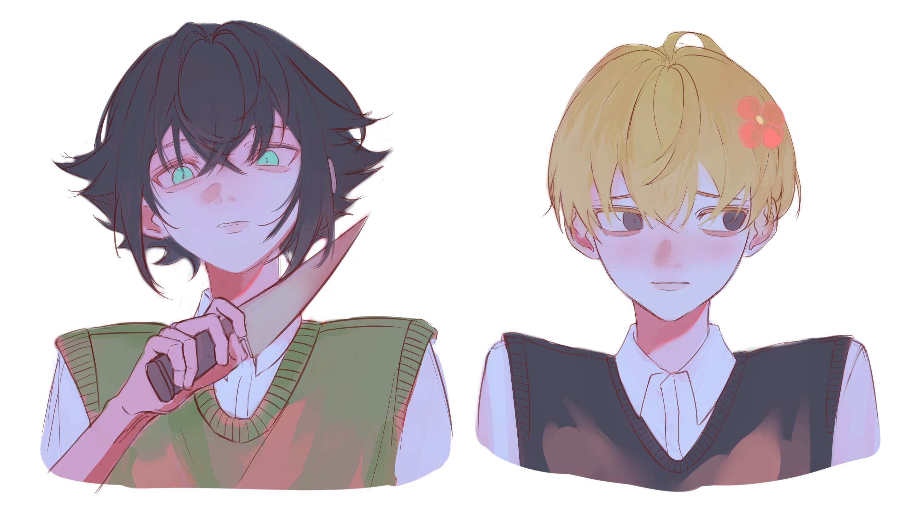 futo (tofuutoufofuto), basil (faraway) (omori), basil (omori), sunny (omori), omori, commentary, english commentary, highres, 2boys, aegyo sal, alternate hair color, alternate hairstyle, antenna hair, aqua eyes, black eyes, black hair, black sweater vest, blonde hair, blood, bloody knife, blush, collared shirt, cropped shoulders, crossed bangs, double-parted bangs, facing viewer, flipped hair, flower, green sweater vest, hair behind ear, hair between eyes, hair flower, hair ornament, hairstyle switch, hand up, holding, holding knife, knife, lips, looking at viewer, looking to the side, male focus, multiple boys, personality switch, raised inner eyebrows, red flower, shirt, short hair, sidelocks, sideways glance, simple background, straight-on, sweater vest, very short hair, white background, white shirt