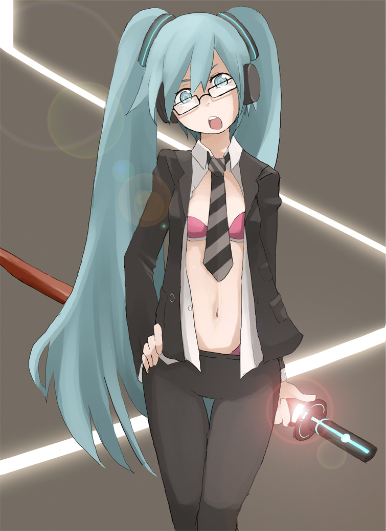 tansuke, hatsune miku, vocaloid, 1girl, bespectacled, blue eyes, blue hair, bra, female focus, formal clothes, glasses, hand on own hip, headphones, katana, lingerie, long hair, matching hair/eyes, necktie, pant suit, pants, solo, suit, sword, twintails, underwear, weapon