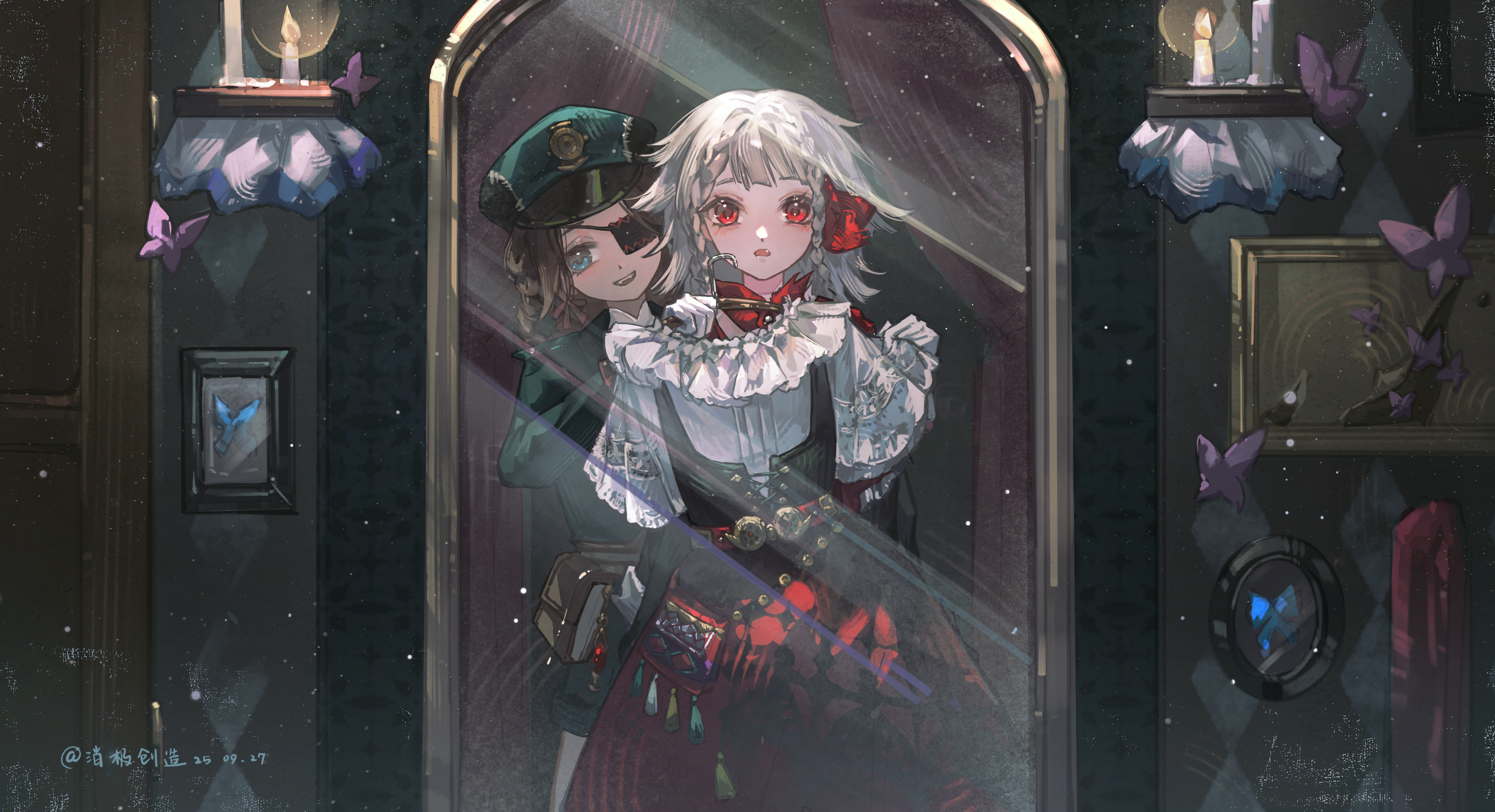 xiaoji chuangzao, rubuska, reverse:1999, absurdres, highres, 2girls, :d, :o, aima (reverse:1999), artist name, black corset, blue eyes, braid, braided hair rings, brown hair, bug, butterfly, candle, clothes hanger, corset, dark, dated, eyepatch, fang, fangs, fire, gloves, green hat, green jacket, hair rings, hat, holding, holding unworn clothes, indoors, insect, jacket, looking at viewer, medium hair, mirror, multiple girls, one eye covered, open mouth, peaked cap, picture frame, red eyes, red skirt, reflection, reflection focus, shirt, short sleeves, signature, skirt, smile, unworn shirt, unworn skirt, upper body, wall shelf, white gloves, white hair, white shirt