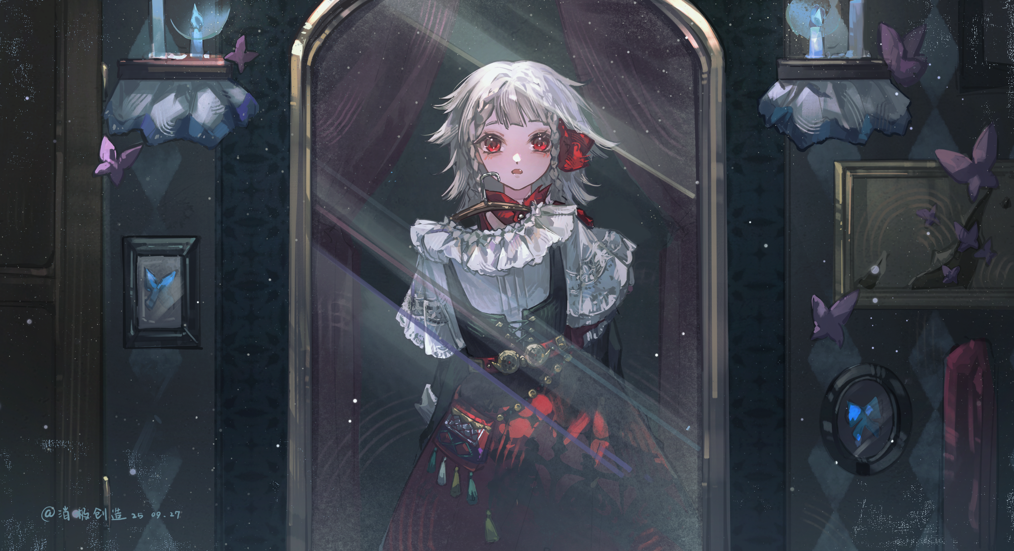 xiaoji chuangzao, rubuska, reverse:1999, absurdres, highres, 1girl, :o, artist name, black corset, blue fire, bug, butterfly, candle, clothes hanger, corset, dark, dated, fang, fire, indoors, insect, looking at viewer, medium hair, mirror, picture frame, red eyes, red skirt, reflection, reflection focus, shirt, short sleeves, signature, skirt, solo, unworn clothes, unworn shirt, unworn skirt, upper body, wall shelf, white hair, white shirt
