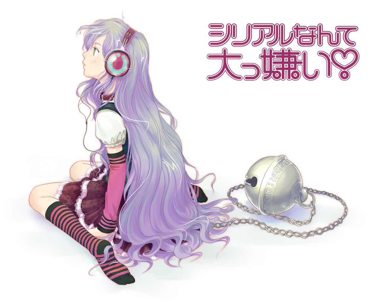 polyline, imouto defo, utau, vocaloid, arm warmers, bell, chain, default-ko, green eyes, long hair, purple hair, socks, solo, striped clothes, striped socks