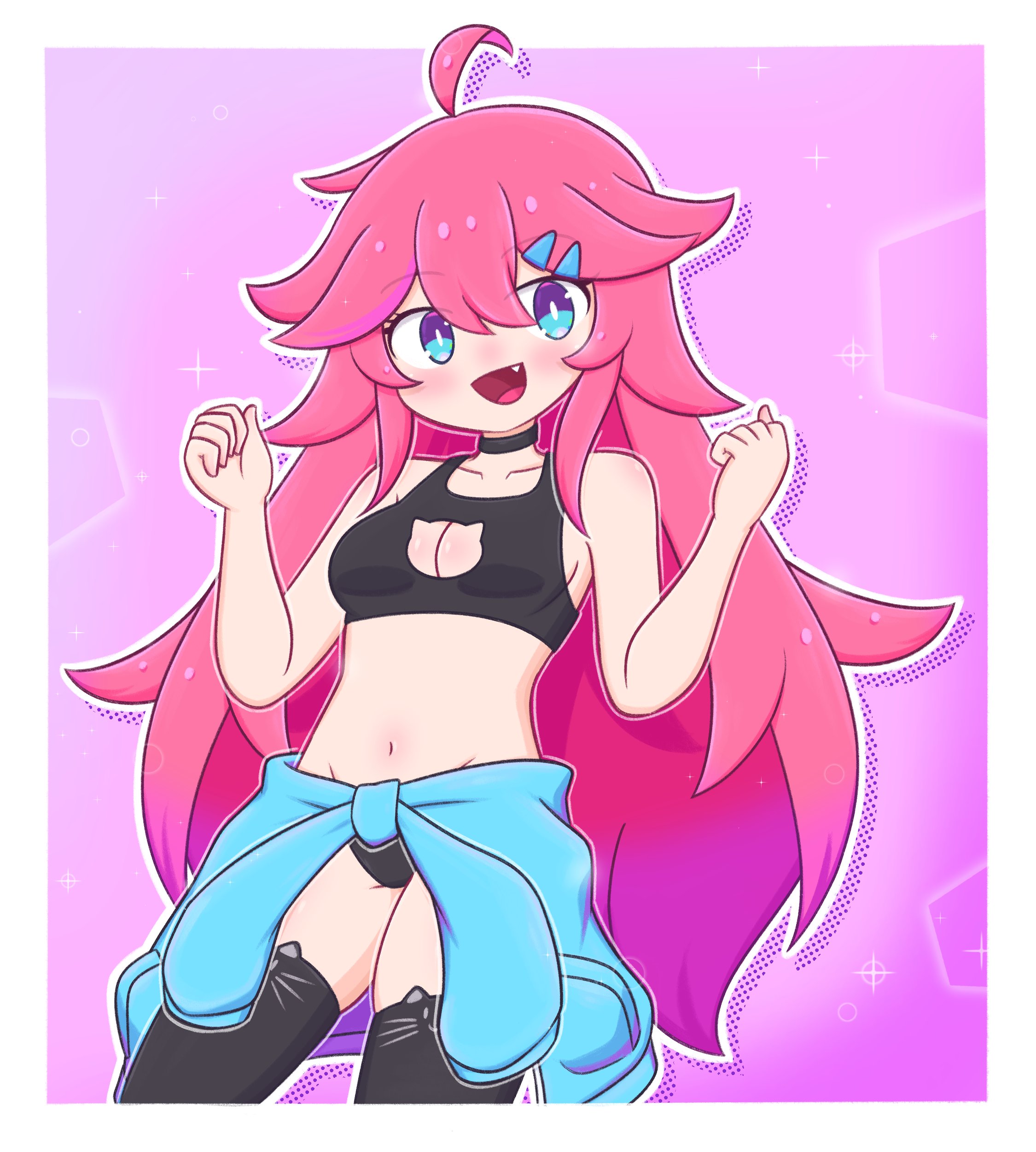 original, absurdres, commentary, highres, 1girl, :d, ahoge, aqua eyes, black choker, black panties, black sports bra, black thighhighs, blush, border, bright pupils, choker, cleavage cutout, clothes around waist, clothing cutout, colored tips, cowboy shot, eyelashes, fang, hair ornament, hairclip, hands up, long hair, multicolored hair, ojazaki, open mouth, outline, panties, pink hair, smile, solo, sports bra, thighhighs, tsumiki (ojazaki), underwear, very long hair, white border, white outline, white pupils