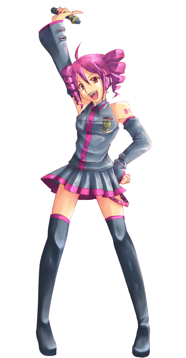 fukamikafu, kasane teto, kasane teto (utau), utau, vocaloid, bad id, bad pixiv id, highres, 1girl, detached sleeves, drill hair, female focus, microphone, pink hair, red eyes, solo, thighhighs, twin drills, twintails, zettai ryouiki