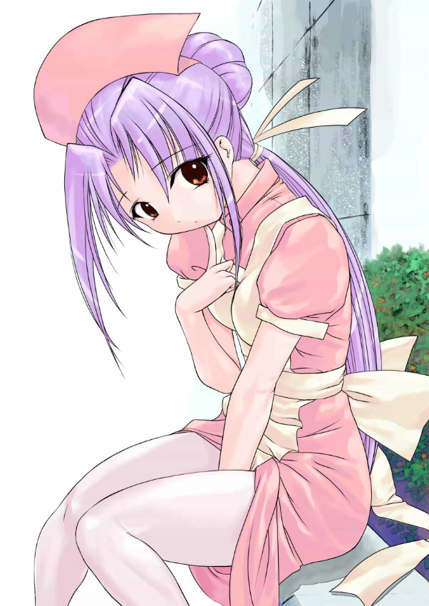 hechi, koigakubo momoko, gakkou no kaidan (anime), 00s, 1girl, brown eyes, female focus, long hair, nurse, pantyhose, ponytail, purple hair, ribbon, sitting, solo