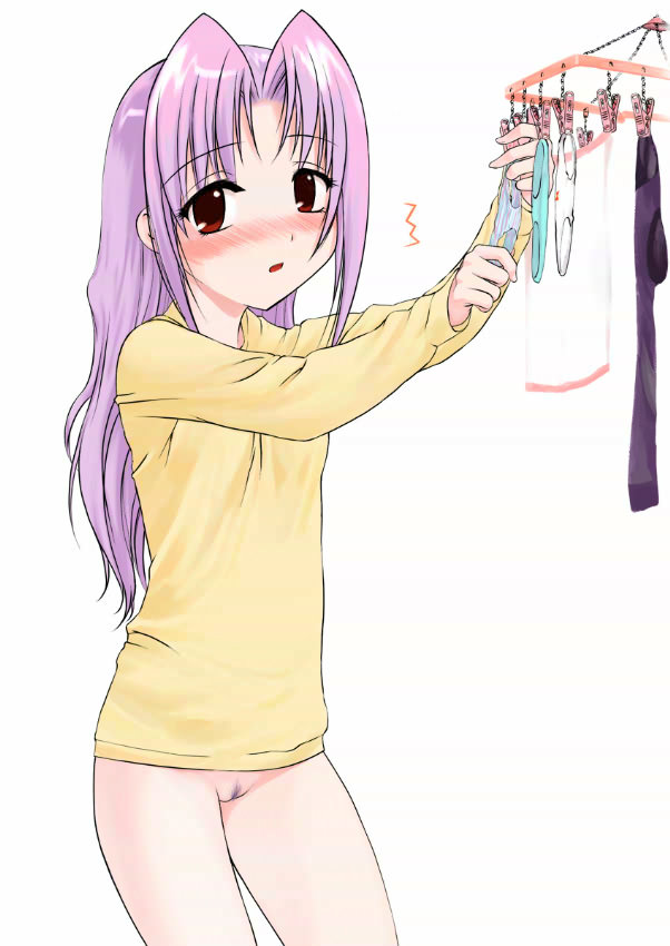 hechi, koigakubo momoko, gakkou no kaidan (anime), 00s, 1girl, blush, bottomless, brown eyes, cleft of venus, female focus, female pubic hair, laundry, long hair, no panties, panties, pubic hair, purple hair, pussy, solo, underwear