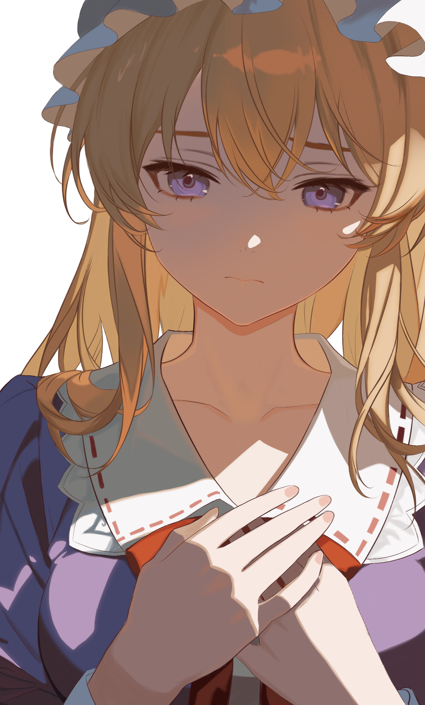maribel hearn, touhou, absurdres, commentary request, highres, 1girl, blonde hair, breasts, closed mouth, collarbone, dress, hat, long hair, long sleeves, looking at viewer, mob cap, purple dress, purple eyes, simple background, solo, white background, white hat, zhaoxi ran gu