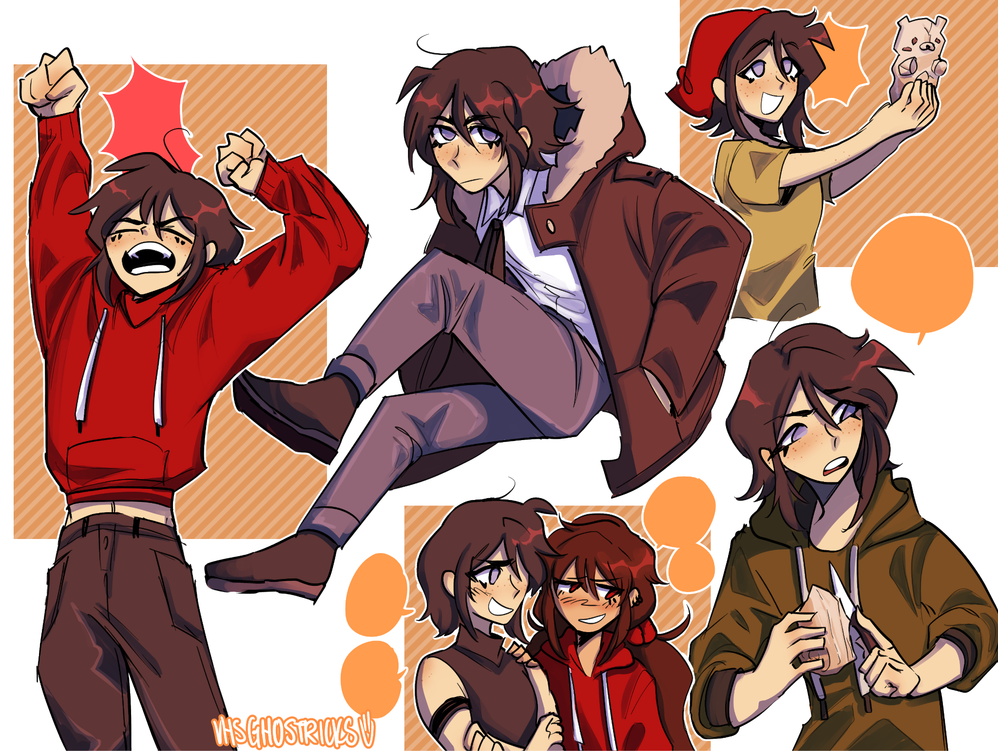 vhsghostricks, harukawa maki, ikusaba mukuro, shirokuma (danganronpa), danganronpa: trigger happy havoc, danganronpa (series), danganronpa another episode: ultra despair girls, danganronpa v3: killing harmony, clip studio paint (medium), commentary, commission, english commentary, highres, 2girls, alternate costume, arms up, artist name, blank speech bubble, blush, brown coat, brown hair, brown pants, brown shoes, closed eyes, coat, collared shirt, cowboy shot, cropped torso, crossed arms, freckles, full body, green hoodie, green shirt, hand on another's shoulder, hands in pockets, headscarf, holding, holding knife, hood, hood down, hooded coat, hoodie, in-franchise crossover, knife, long sleeves, multiple girls, multiple views, open mouth, outline, pants, purple eyes, red eyes, red headscarf, red hoodie, shirt, shoes, short hair, short sleeves, speech bubble, stretching, teeth, upper teeth only, white outline, white shirt, whittling