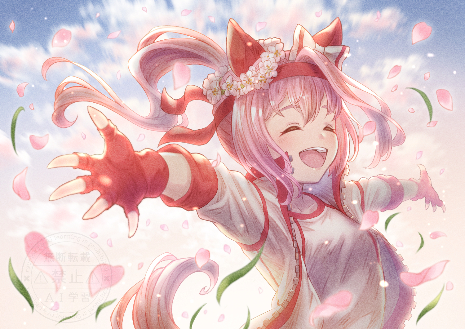yakkuro, haru urara (bestest prize) (umamusume), haru urara (umamusume), umamusume, 1girl, animal ears, blush, bow, ear bow, ear covers, gloves, gym uniform, hairband, headband, horse ears, horse girl, jacket, long hair, open mouth, pink eyes, pink hair, pink headband, ponytail, red gloves, red headband, shirt, smile, solo