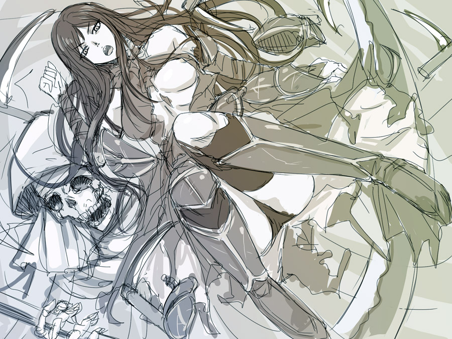 michael f91, death (castlevania), death (entity), shanoa (castlevania), castlevania: order of ecclesia, castlevania (series), 1girl, bare shoulders, boots, breasts, death, long hair, monochrome, nipple slip, nipples, panties, pantyshot, scythe, skeleton, sketch, thigh boots, thighhighs, torn clothes, underwear
