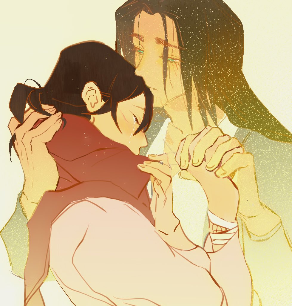 eren yeager, mikasa ackerman, shingeki no kyojin, 1boy, 1girl, arm markings, bandaged wrist, bandages, black hair, brown hair, cardigan, chaerenlover, closed eyes, couple, crying, facial mark, facial scar, green eyes, grey jacket, hair between eyes, half-closed eyes, hand in another's hair, hetero, holding hands, interlocked fingers, jacket, kissing hair, long hair, parted bangs, parted lips, pink cardigan, red scarf, scar, scar on cheek, scar on face, scarf, shirt, tears, upper body, white shirt