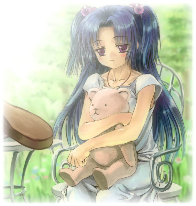 mutsuki (moonknives), ichinose kotomi, clannad, key (company), 00s, 1girl, blue hair, blush, female focus, hair bobbles, hair ornament, long hair, purple eyes, solo, stuffed animal, stuffed toy, teddy bear, two side up