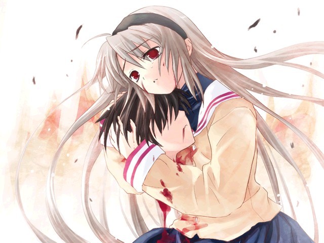 okazaki tomoya, sakagami tomoyo, clannad, kurozuka, school days, x/1999, x (manga), silver hair, 1boy, 1girl, bad end, blood, death, decapitation, empty eyes, guro, parody, school uniform, serafuku, severed head, tears, yandere