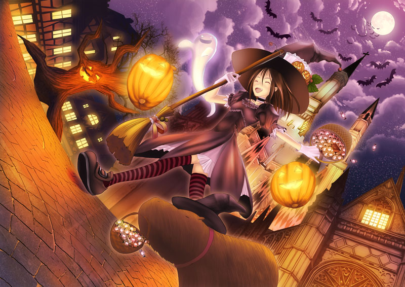 yonasawa, original, 1girl, animal, basket, bat (animal), broom, brown hair, candy, capybara, church, closed eyes, cloud, female focus, food, food-themed hair ornament, full moon, ghost, hair ornament, halloween, hat, jack-o'-lantern, long hair, moon, mouth hold, night, perspective, pet, pumpkin, pumpkin hair ornament, sky, solo, striped clothes, striped thighhighs, thighhighs, witch, witch hat
