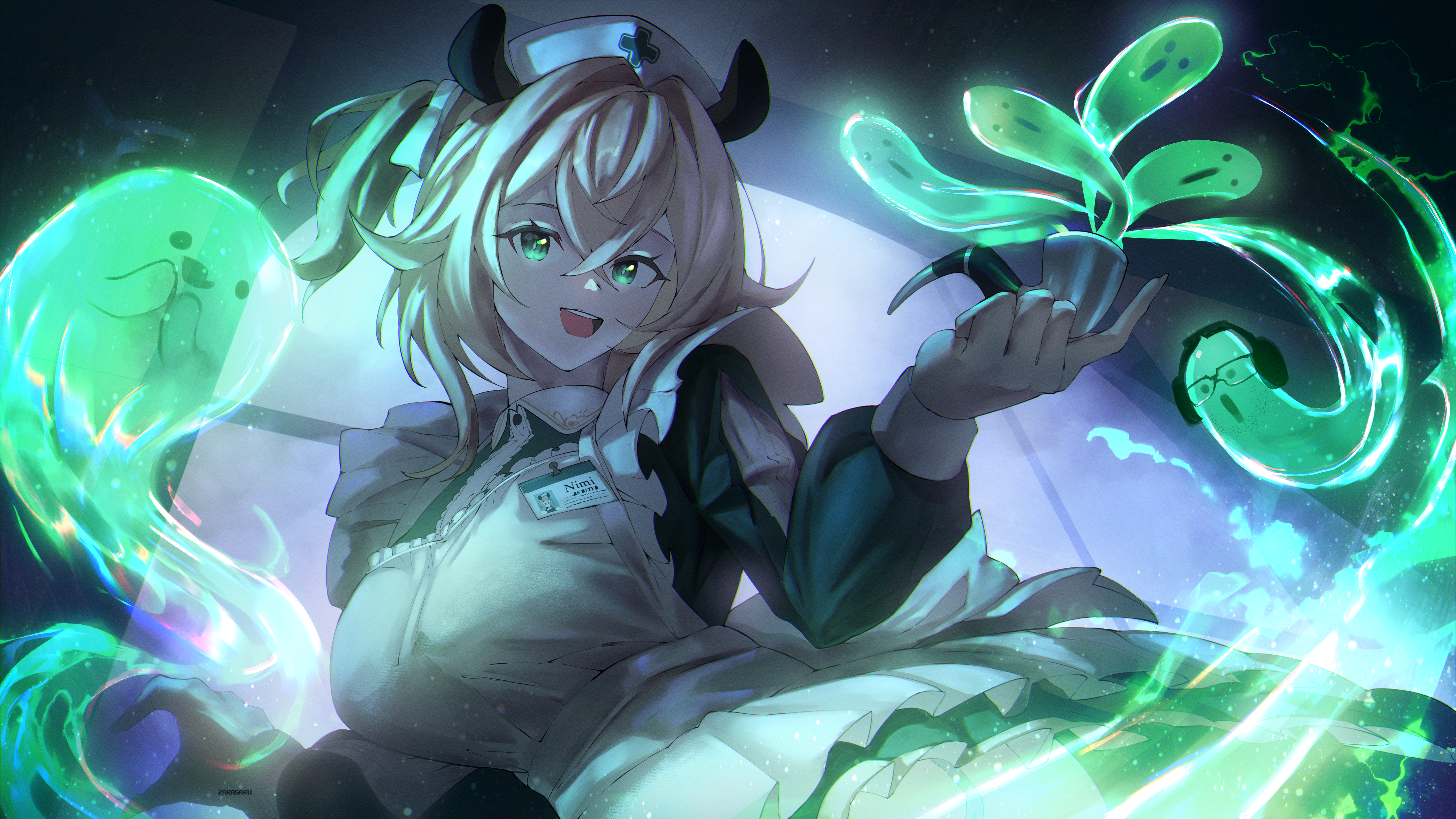 zarasaru, naplings (nimi nightmare), nimi nightmare, nimi nightmare (1st costume), indie virtual youtuber, absurdres, commentary, highres, 1girl, :d, animal ears, apron, blonde hair, breasts, collared dress, contrast collar, crossed bangs, double-parted bangs, dress, frilled apron, frilled dress, frills, green dress, green eyes, hair between eyes, hair ribbon, hat, holding, holding smoking pipe, indoors, large breasts, looking at viewer, name tag, nurse cap, one side up, open mouth, ribbon, round collar, short hair, sleeve cuffs, sleeve slit, smile, smoking pipe, solo, tapir ears, tapir girl, teeth, upper teeth only, virtual youtuber, white apron, white hat