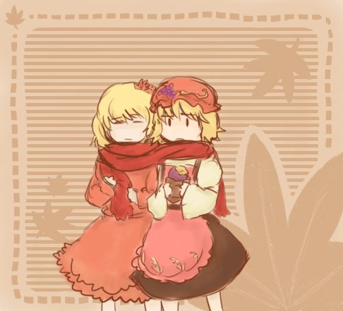 digital frog, yunagix, aki minoriko, aki shizuha, touhou, lowres, 2girls, female focus, food, leaf, multiple girls, scarf, shared clothes, shared scarf, siblings, sisters, sketch