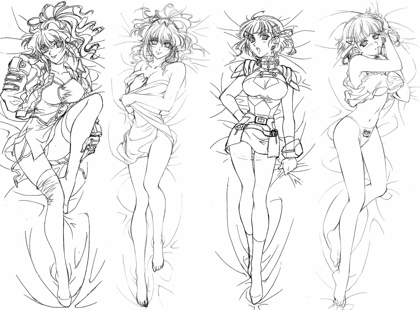 kouno sachiko, excellen browning, seolla schweizer, banpresto, super robot wars, highres, official art, 2girls, animal print, armor, armpits, barefoot, bear panties, bear print, bed, bed sheet, belt, blunt bangs, blush, boots, bracelet, braid, breasts, buttons, cleavage, cleavage cutout, clothes lift, clothing cutout, covering privates, dakimakura (medium), elbow gloves, feet, finger to mouth, fingerless gloves, from above, garter straps, gloves, greyscale, hair ornament, hairclip, halterneck, head tilt, jacket, jewelry, knee boots, large breasts, leg up, legs, lineart, lips, long hair, long legs, looking at viewer, lying, midriff, miniskirt, monochrome, multiple girls, naked towel, navel, no pants, nude cover, on back, on side, open clothes, open jacket, open mouth, panties, pantyshot, ponytail, print panties, scrunchie, sheet grab, shirt, shirt lift, short hair, side braid, single braid, skirt, smile, spread legs, tank top, taut clothes, taut shirt, thigh boots, thigh gap, thighhighs, thighs, towel, turtleneck, underboob, underwear, wavy hair