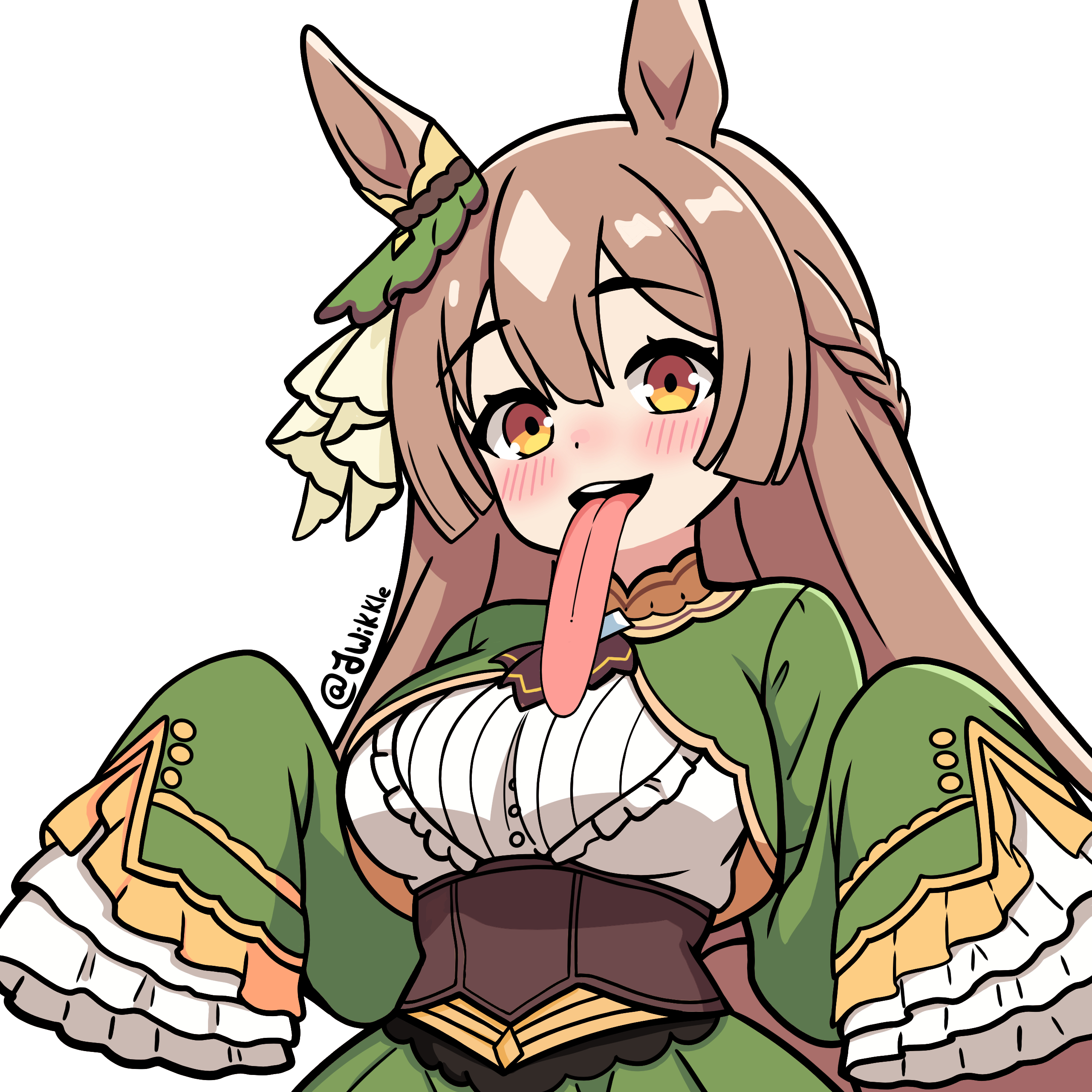 jhonwikkle, satono diamond (natural brilliance) (umamusume), satono diamond (umamusume), umamusume, absurdres, highres, 1girl, animal ears, ascot, blush, bow, braid, breasts, brown ascot, brown eyes, brown hair, corset, double-parted bangs, ear ornament, ear ribbon, freaky satono diamond (meme), hair between eyes, half up braid, half updo, horse ears, horse girl, horse tail, large breasts, long hair, long sleeves, long tongue, looking at viewer, meme, multicolored hair, open mouth, simple background, sleeves past fingers, sleeves past wrists, smile, solo, streaked hair, tail, tongue, tongue out, very long hair, white background