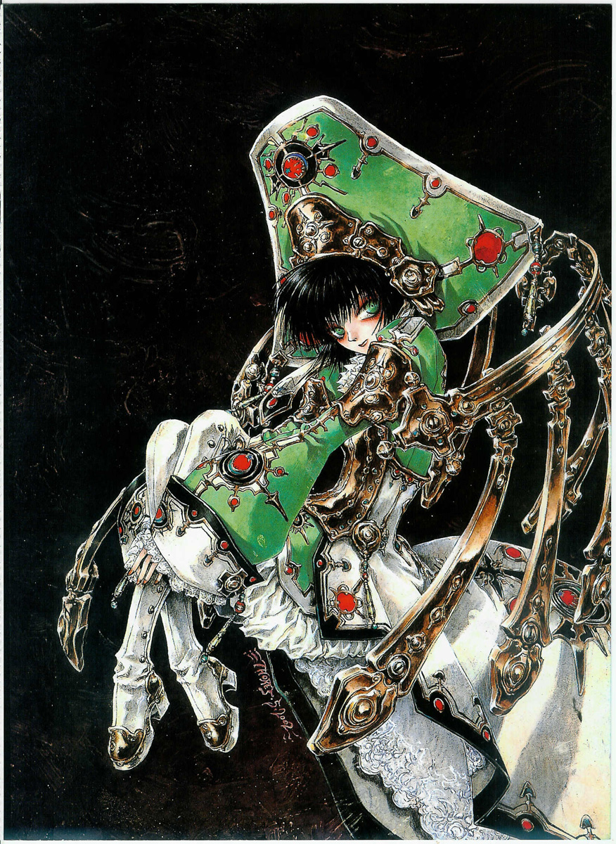 shibamoto thores, seth nightroad, trinity blood, highres, official art, scan, 00s, 1girl, black background, female focus, full body, high heels, long sleeves, machinery, pantyhose, simple background, solo, white pantyhose