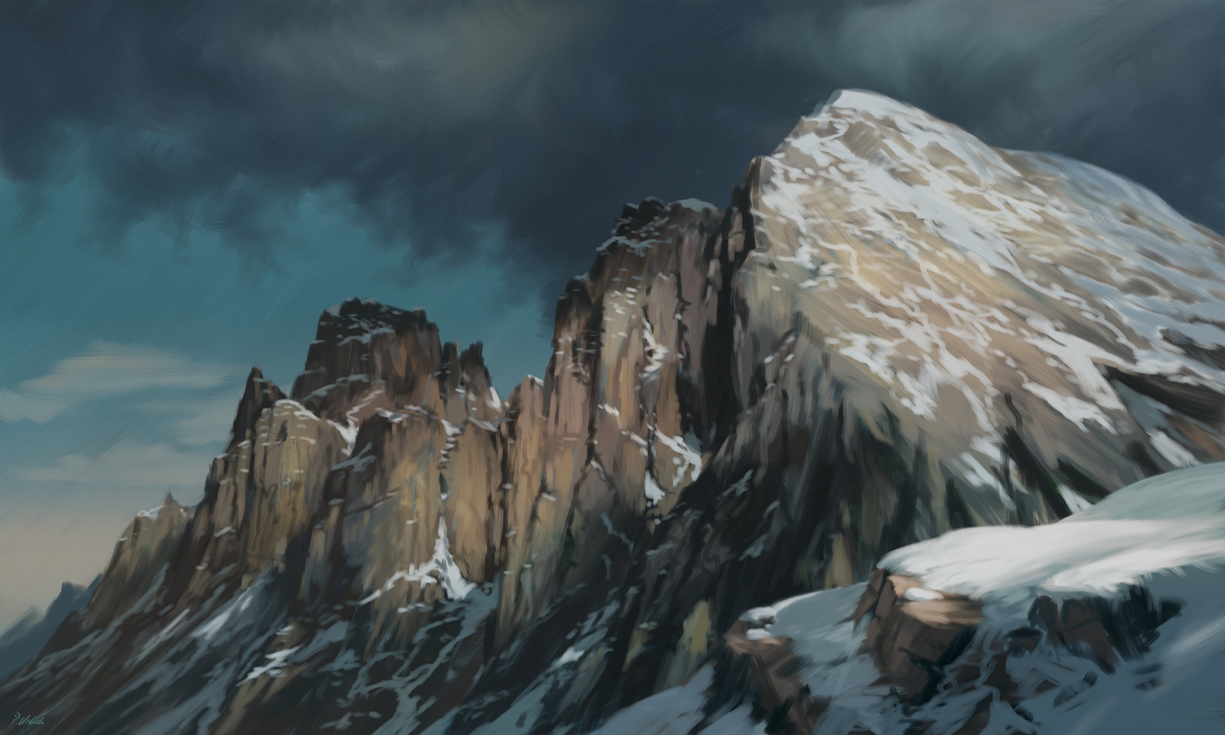 philipp urlich, original, absurdres, commentary, english commentary, highres, blue sky, cloud, cloudy sky, day, mountain, no humans, outdoors, scenery, sky, snow, sunlight