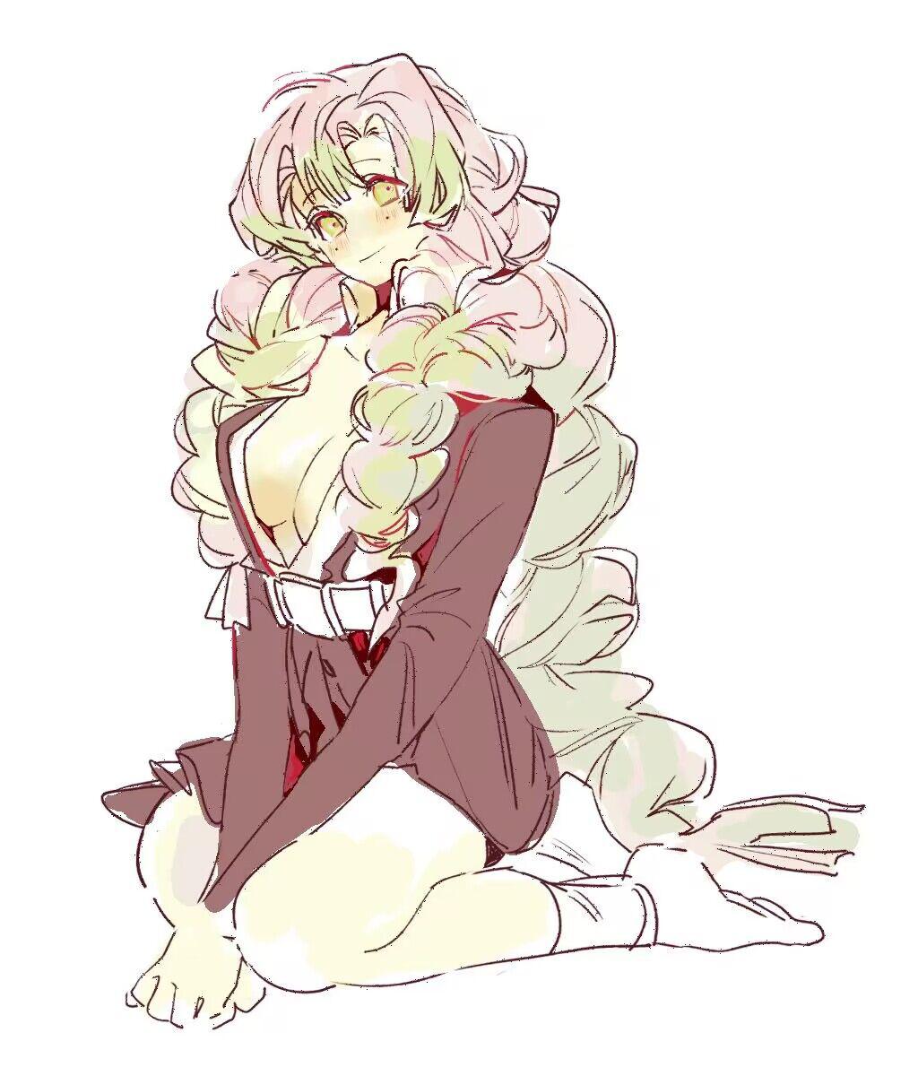 kanroji mitsuri, kimetsu no yaiba, highres, 1girl, belt, black jacket, black skirt, blush, braid, breasts, chaerenlover, cleavage, closed mouth, demon slayer uniform, full body, green eyes, green hair, hair between eyes, hair over shoulder, jacket, kneeling, large breasts, long hair, mole, mole under each eye, mole under eye, multicolored hair, multiple braids, multiple moles, open clothes, open jacket, parted bangs, pink hair, plunging neckline, sketch, skirt, smile, socks, solo, two-tone hair, v arms, white background, white belt, white socks